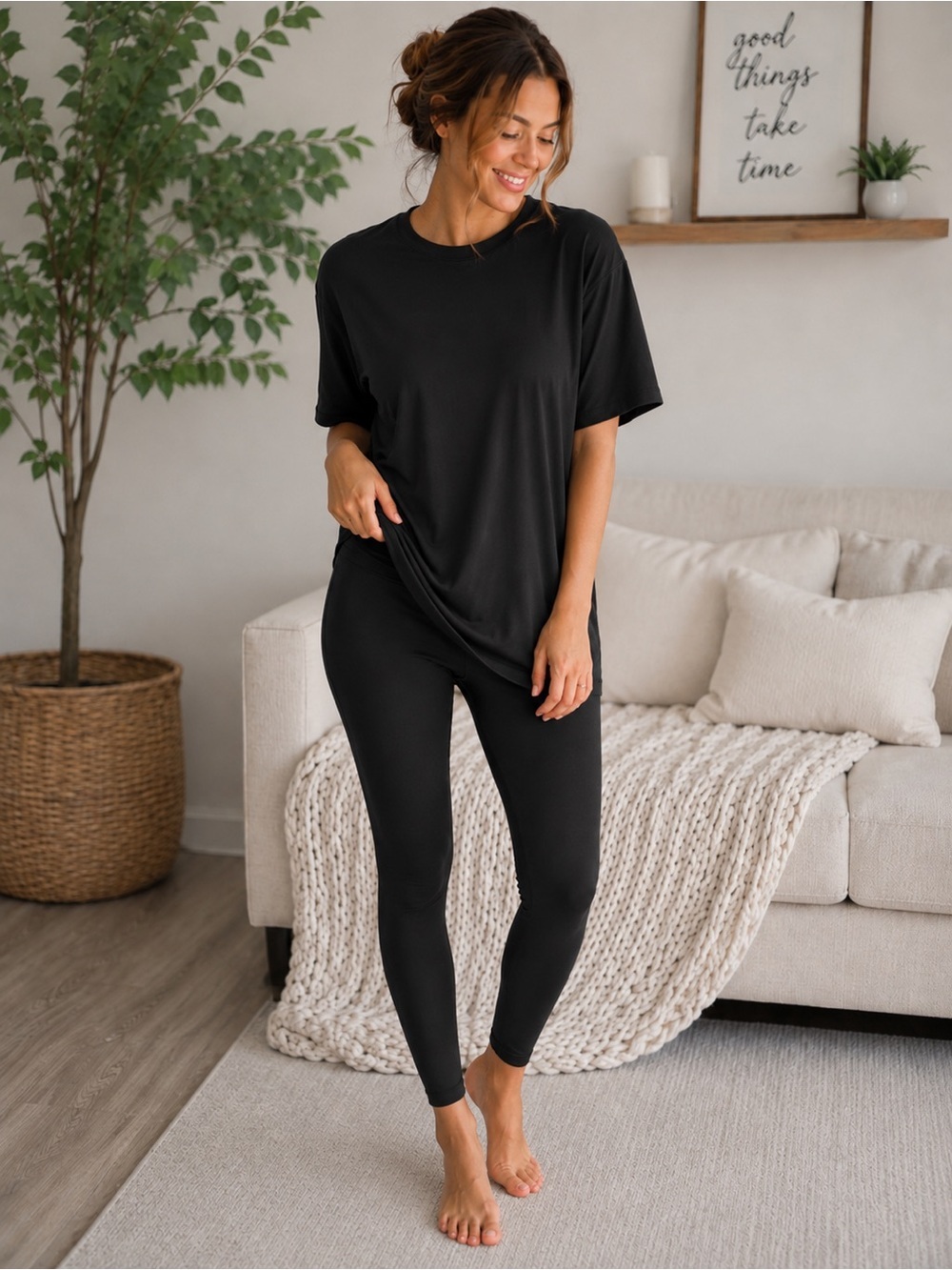 Zenana Black Matching Lounge Set NWOT Size Large Soft Stretch Tee & Leggings